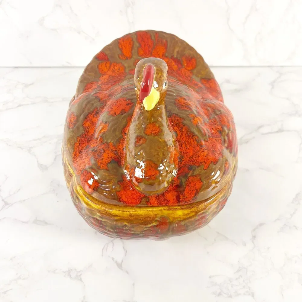 Vintage 1970s Ceramic Turkey Tureen with Lid Drip Glaze Fall Casserole Dish